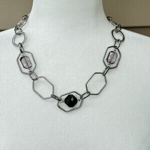 Geometric Silver Necklace with Black and Amethyst Beads Vault NEW Lia Sophia